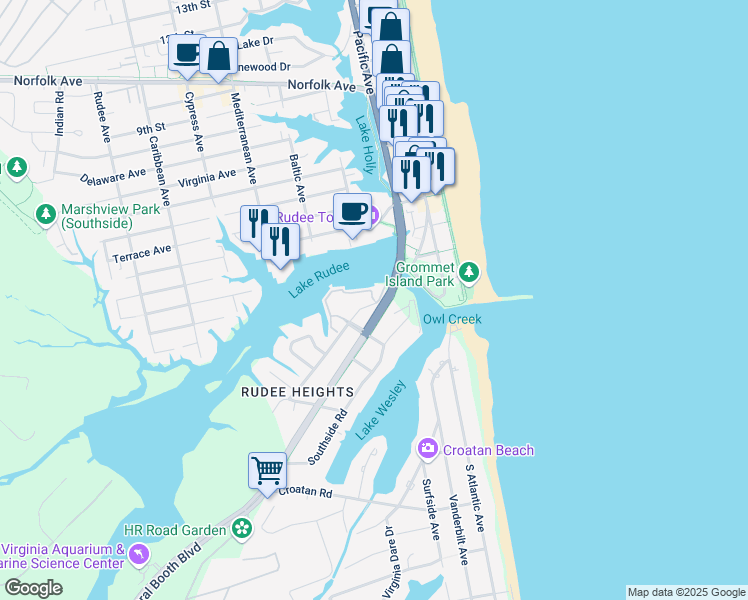 map of restaurants, bars, coffee shops, grocery stores, and more near 401 Harbour Point in Virginia Beach