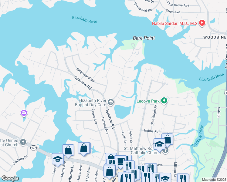map of restaurants, bars, coffee shops, grocery stores, and more near 3524 Bow Street in Virginia Beach