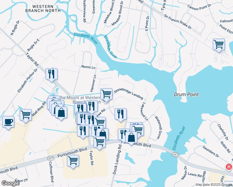 map of restaurants, bars, coffee shops, grocery stores, and more near 4130 Stonebridge Landing in Chesapeake