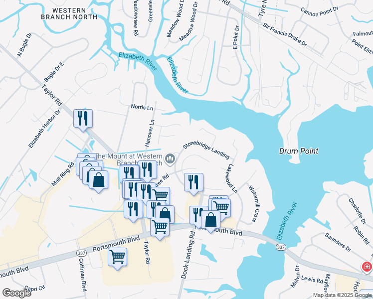 map of restaurants, bars, coffee shops, grocery stores, and more near 4130 Stonebridge Landing in Chesapeake