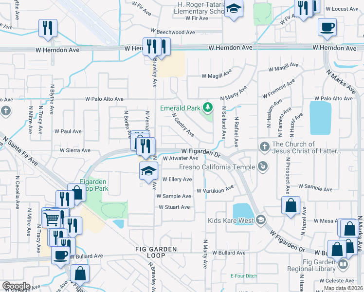 map of restaurants, bars, coffee shops, grocery stores, and more near 3705 West Vincent Lane in Fresno