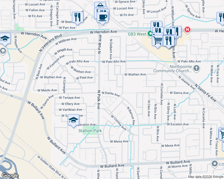 map of restaurants, bars, coffee shops, grocery stores, and more near 6416 North Delbert Avenue in Fresno