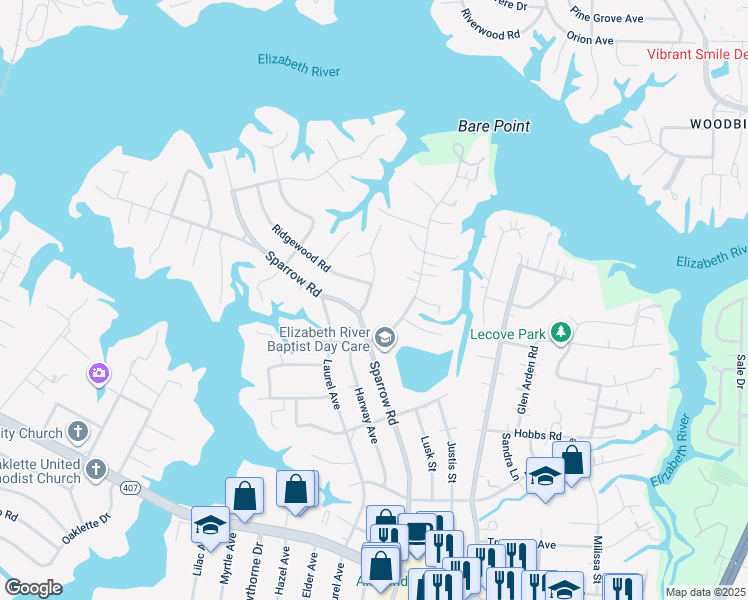 map of restaurants, bars, coffee shops, grocery stores, and more near 3524 Bow Street in Virginia Beach
