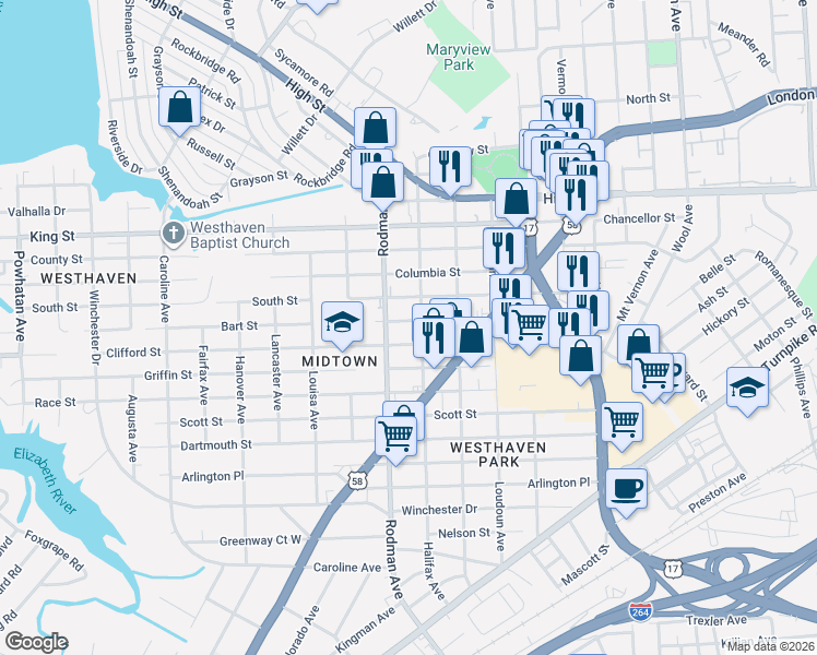 map of restaurants, bars, coffee shops, grocery stores, and more near 3617 South Street in Portsmouth