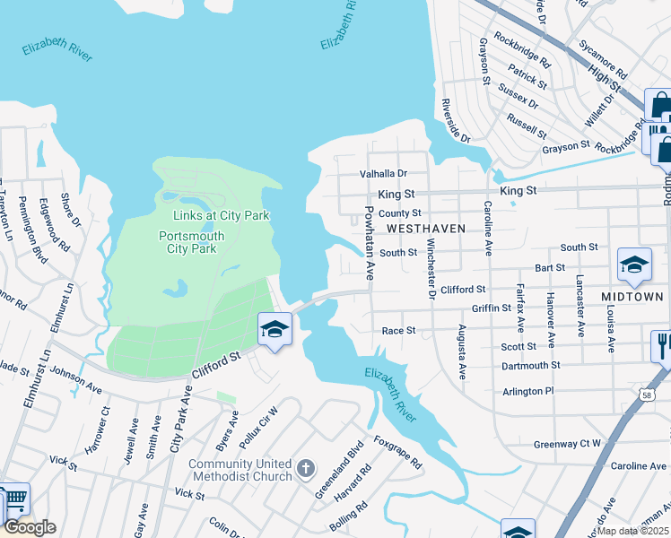 map of restaurants, bars, coffee shops, grocery stores, and more near 910 Westmoreland Avenue in Portsmouth
