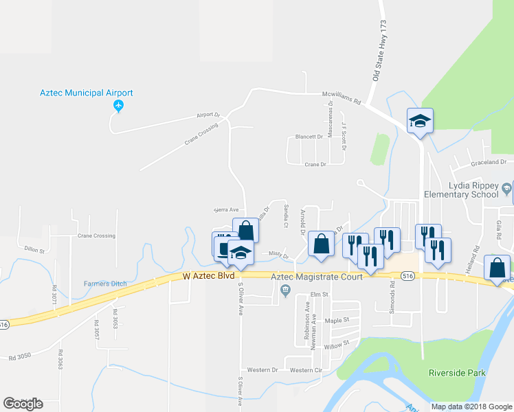 map of restaurants, bars, coffee shops, grocery stores, and more near 305 Mesilla Drive in Aztec