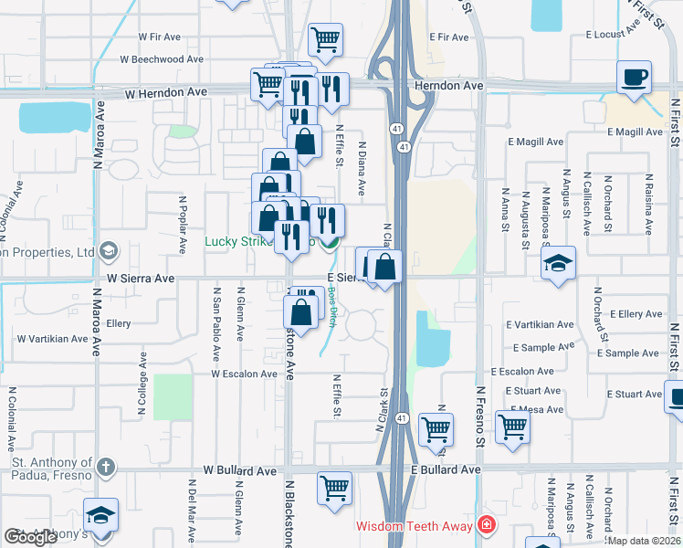 map of restaurants, bars, coffee shops, grocery stores, and more near 6450 North Blackstone Avenue in Fresno