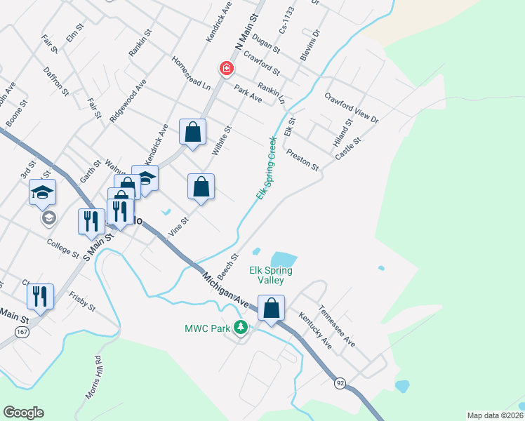 map of restaurants, bars, coffee shops, grocery stores, and more near 305 Beech Street in Monticello