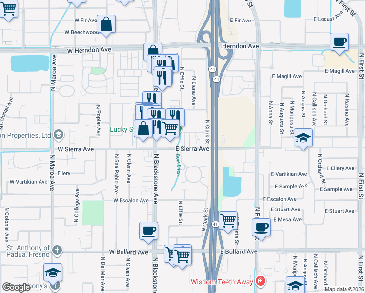 map of restaurants, bars, coffee shops, grocery stores, and more near 6450 North Blackstone Avenue in Fresno