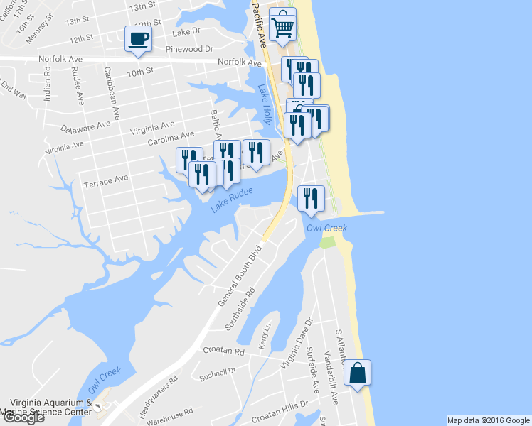 map of restaurants, bars, coffee shops, grocery stores, and more near 417 Harbour Point in Virginia Beach