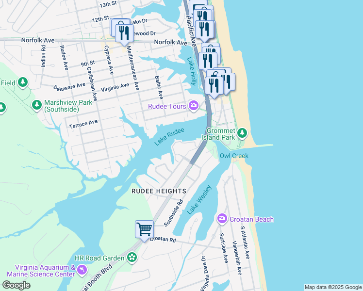 map of restaurants, bars, coffee shops, grocery stores, and more near 415 Harbour Point in Virginia Beach