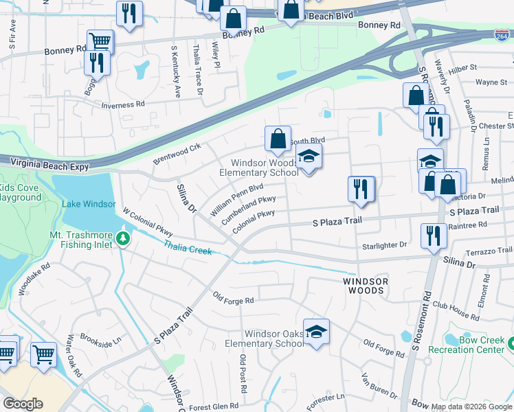 map of restaurants, bars, coffee shops, grocery stores, and more near 3825 William Penn Boulevard in Virginia Beach