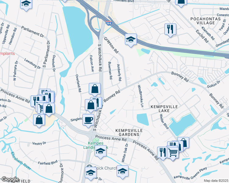 map of restaurants, bars, coffee shops, grocery stores, and more near 5120 Amberly Road in Virginia Beach