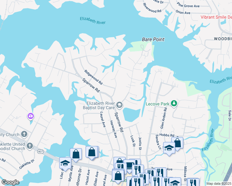 map of restaurants, bars, coffee shops, grocery stores, and more near 3524 Bow Street in Virginia Beach