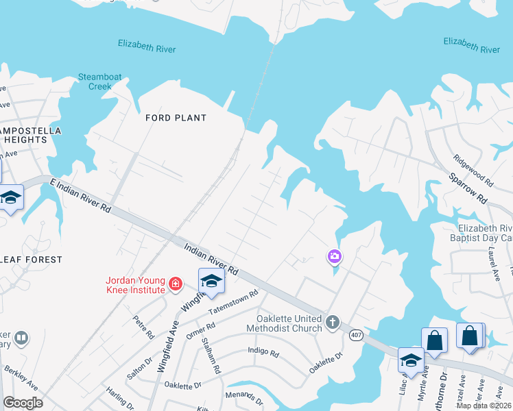 map of restaurants, bars, coffee shops, grocery stores, and more near 2640 Indian River Road in Chesapeake
