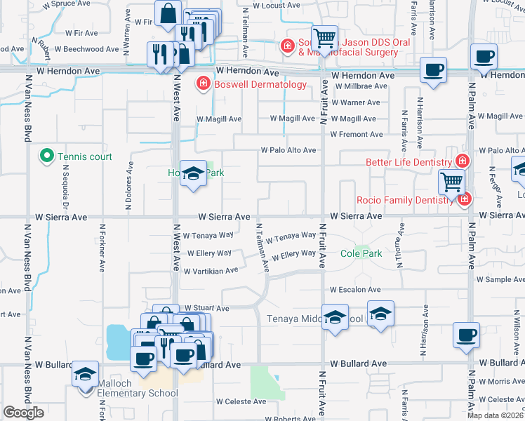 map of restaurants, bars, coffee shops, grocery stores, and more near 1566 West Sierra Avenue in Fresno