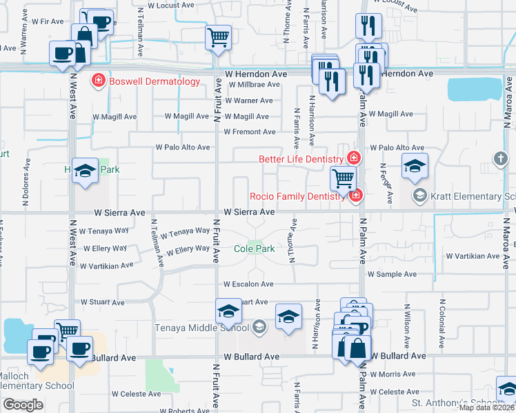 map of restaurants, bars, coffee shops, grocery stores, and more near 6463 North Arthur Avenue in Fresno