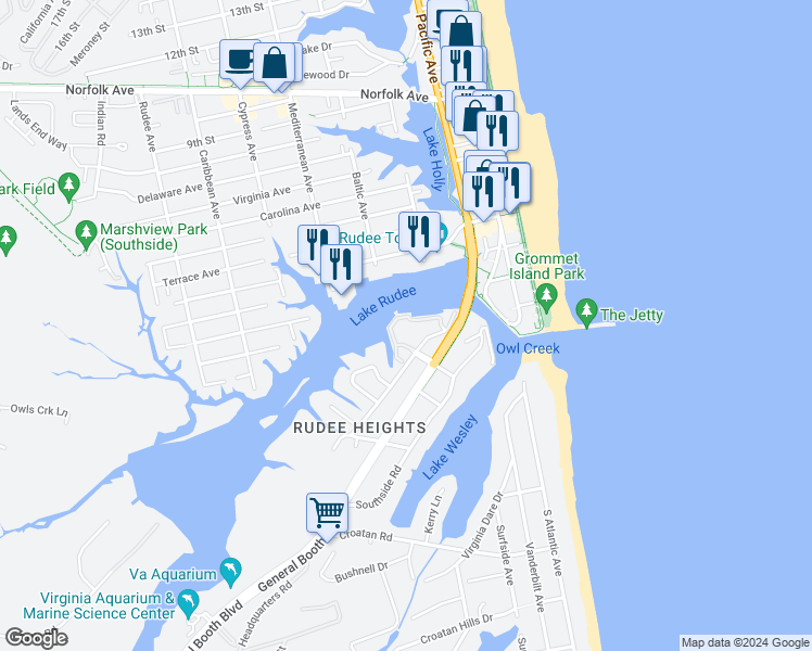 map of restaurants, bars, coffee shops, grocery stores, and more near 415 Harbour Point in Virginia Beach