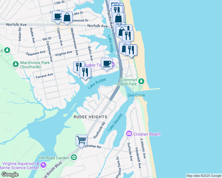 map of restaurants, bars, coffee shops, grocery stores, and more near 417 Harbour Point in Virginia Beach