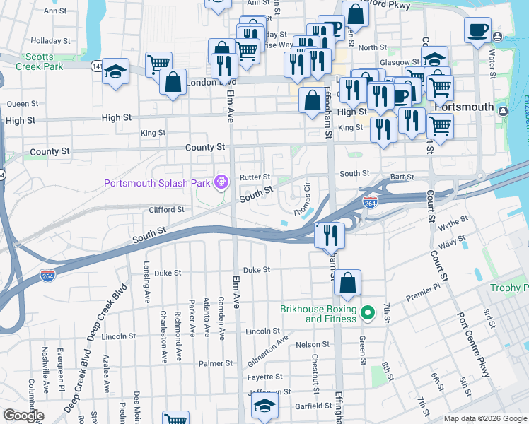 map of restaurants, bars, coffee shops, grocery stores, and more near 1124 Chisholm Circle in Portsmouth
