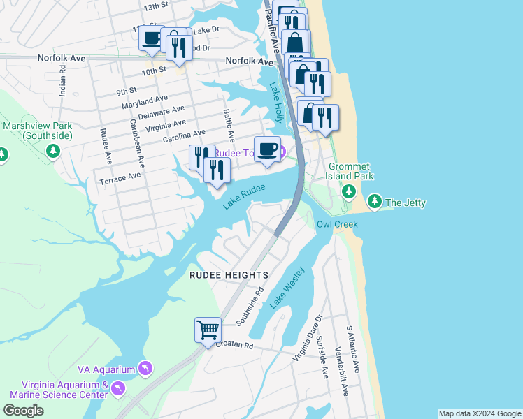 map of restaurants, bars, coffee shops, grocery stores, and more near 409 Harbour Point in Virginia Beach