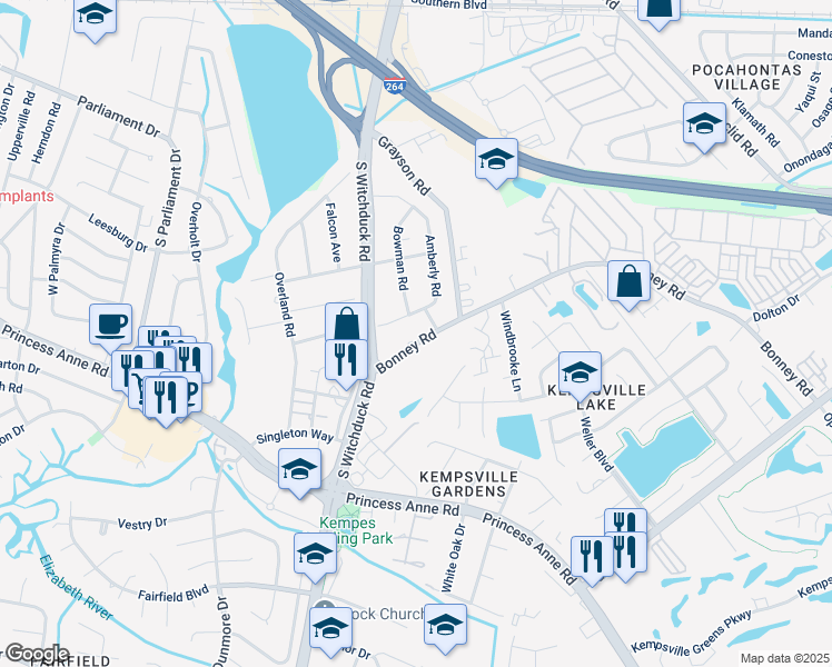 map of restaurants, bars, coffee shops, grocery stores, and more near 5120 Amberly Road in Virginia Beach