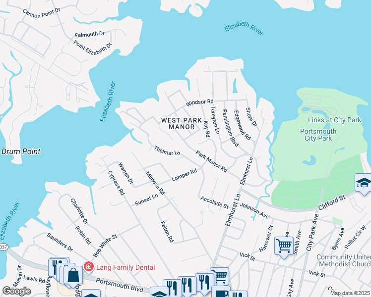 map of restaurants, bars, coffee shops, grocery stores, and more near 339 Park Manor Road in Portsmouth
