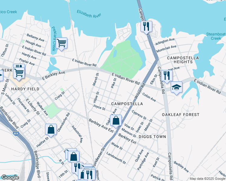 map of restaurants, bars, coffee shops, grocery stores, and more near 1216 Pike St in Norfolk