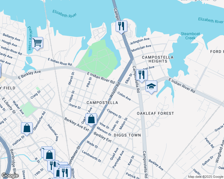 map of restaurants, bars, coffee shops, grocery stores, and more near 1131 Wilson Road in Norfolk