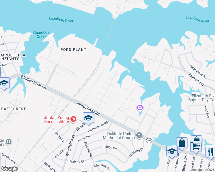 map of restaurants, bars, coffee shops, grocery stores, and more near 2640 Indian River Road in Chesapeake