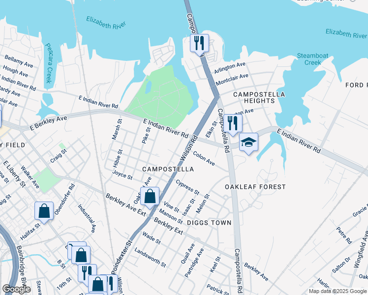 map of restaurants, bars, coffee shops, grocery stores, and more near 1131 Wilson Road in Norfolk