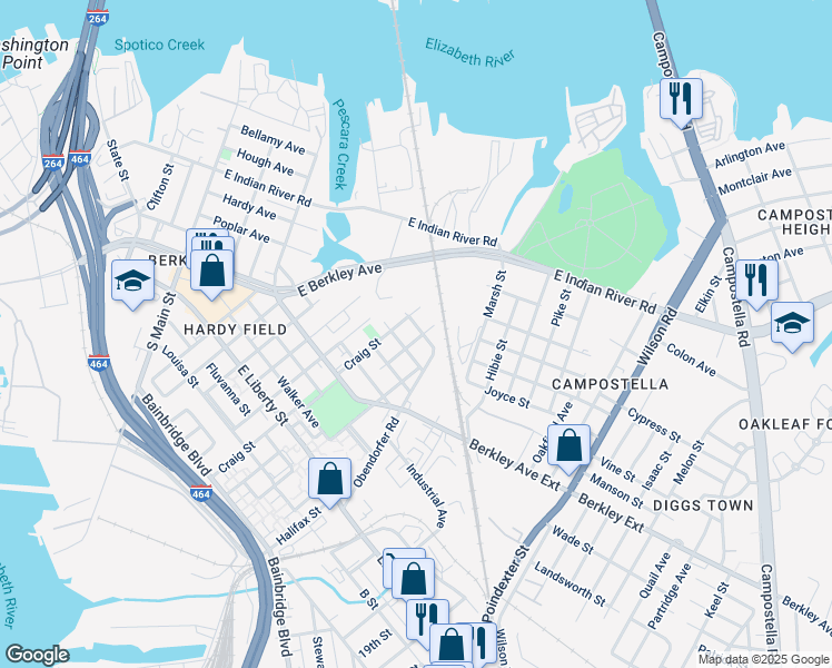 map of restaurants, bars, coffee shops, grocery stores, and more near 403 Middlesex Street in Norfolk