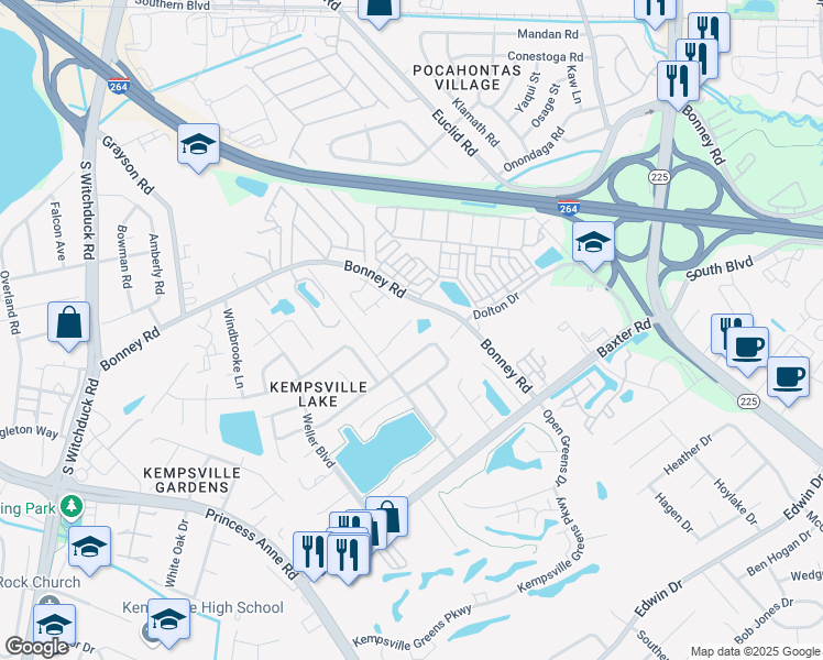 map of restaurants, bars, coffee shops, grocery stores, and more near 4611 Stonebridge Lane in Virginia Beach