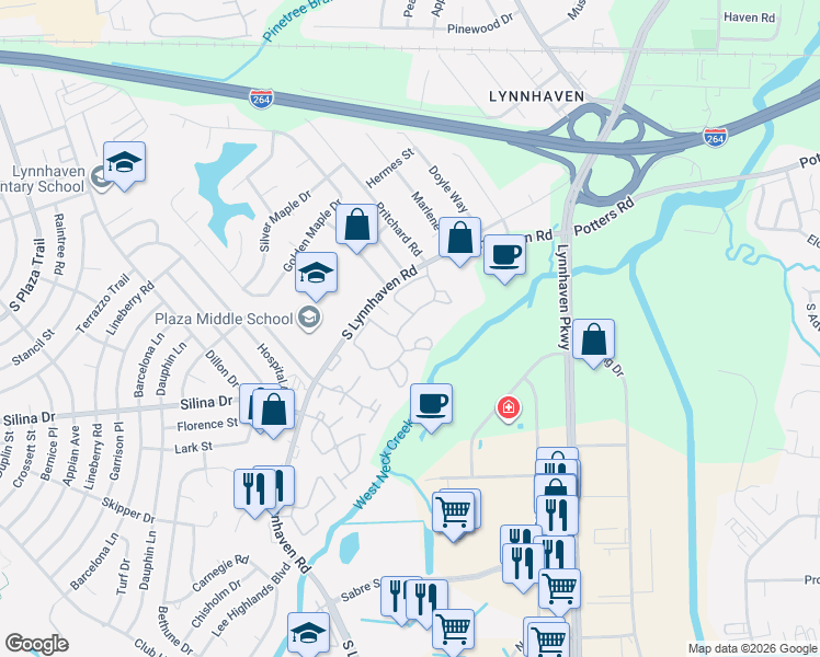 map of restaurants, bars, coffee shops, grocery stores, and more near 316 Vine Court in Virginia Beach