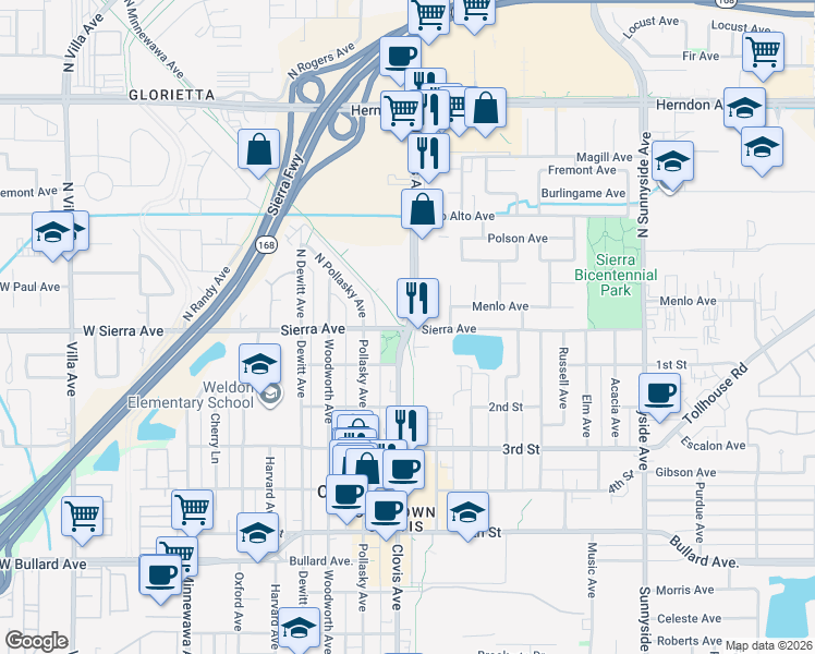 map of restaurants, bars, coffee shops, grocery stores, and more near 2 North Clovis Avenue in Clovis
