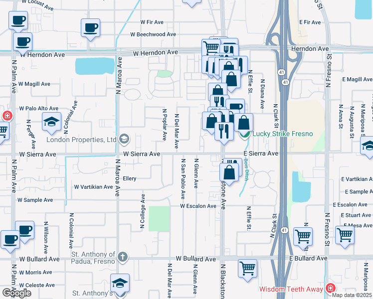 map of restaurants, bars, coffee shops, grocery stores, and more near 121 West Menlo Avenue in Fresno