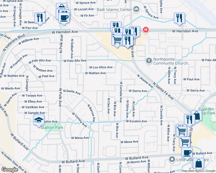 map of restaurants, bars, coffee shops, grocery stores, and more near 5129 West Paul Avenue in Fresno