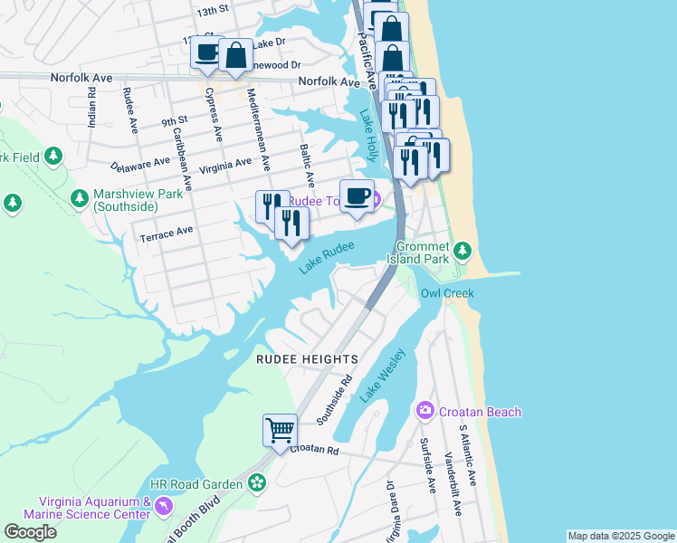 map of restaurants, bars, coffee shops, grocery stores, and more near 415 Harbour Point in Virginia Beach