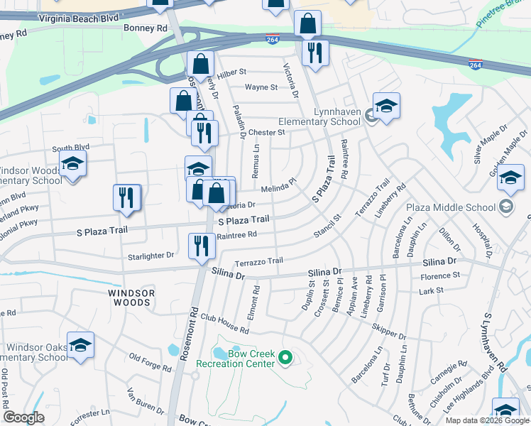 map of restaurants, bars, coffee shops, grocery stores, and more near 3504 Victoria Drive in Virginia Beach