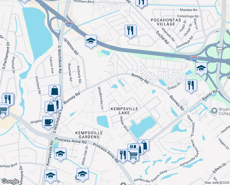 map of restaurants, bars, coffee shops, grocery stores, and more near 4744 Woodglen Court in Virginia Beach