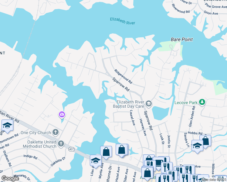 map of restaurants, bars, coffee shops, grocery stores, and more near 300 Sparrow Road in Chesapeake