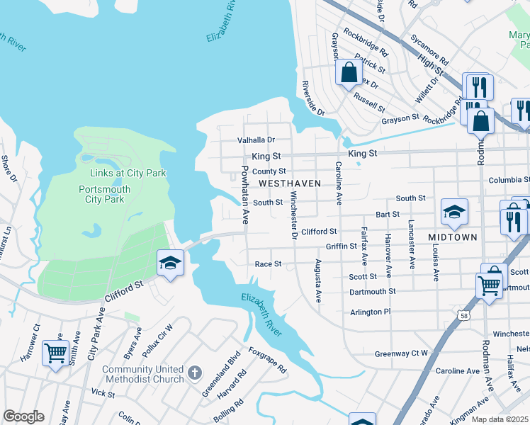 map of restaurants, bars, coffee shops, grocery stores, and more near 4602 South Street in Portsmouth
