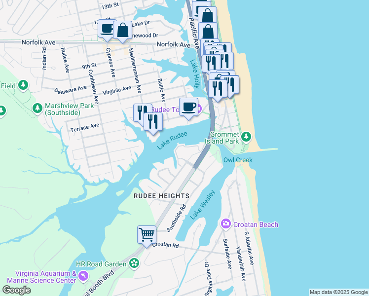 map of restaurants, bars, coffee shops, grocery stores, and more near 415 Harbour Point in Virginia Beach