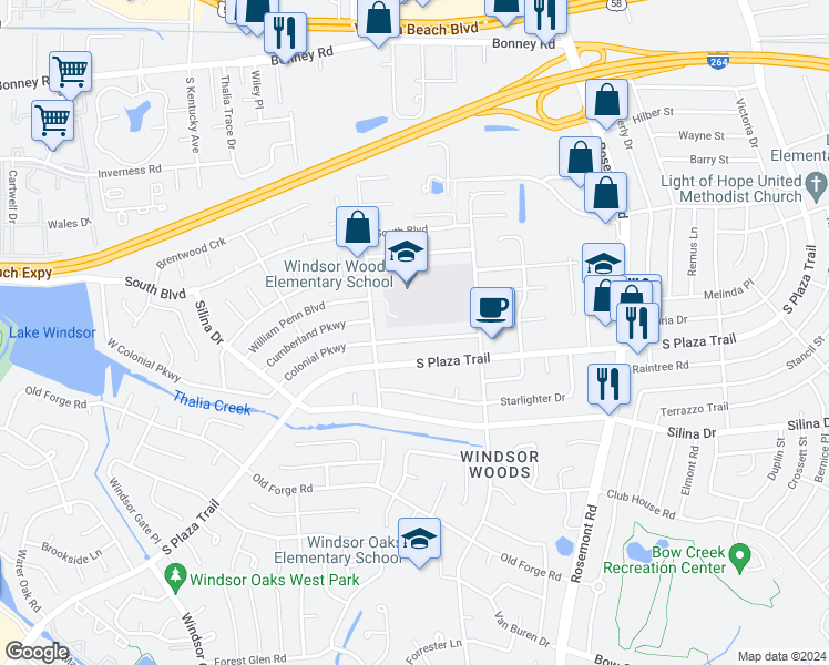 map of restaurants, bars, coffee shops, grocery stores, and more near 3760 Colonial Parkway in Virginia Beach