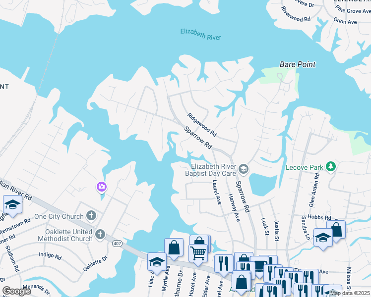 map of restaurants, bars, coffee shops, grocery stores, and more near 300 Sparrow Road in Chesapeake