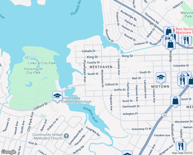 map of restaurants, bars, coffee shops, grocery stores, and more near 954 Amelia Avenue in Portsmouth