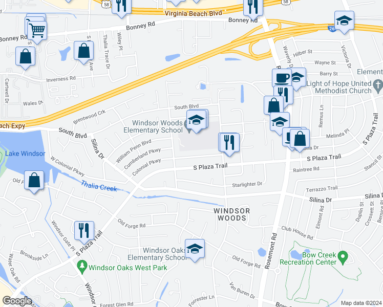 map of restaurants, bars, coffee shops, grocery stores, and more near 3760 Colonial Parkway in Virginia Beach
