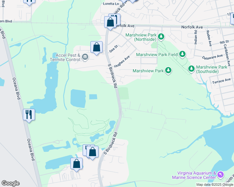 map of restaurants, bars, coffee shops, grocery stores, and more near 351 South Birdneck Road in Virginia Beach