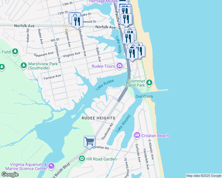 map of restaurants, bars, coffee shops, grocery stores, and more near 415 Harbour Point in Virginia Beach