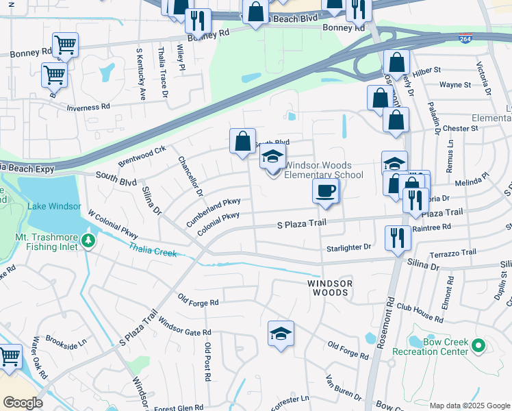 map of restaurants, bars, coffee shops, grocery stores, and more near 252 Palace Green Boulevard in Virginia Beach